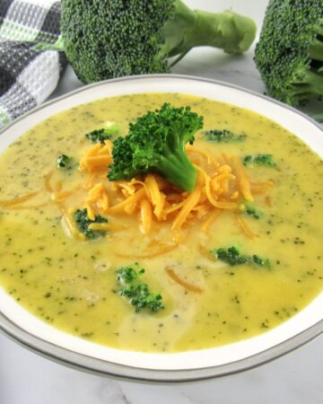 closeup view of broccoli cheese soup in bowl