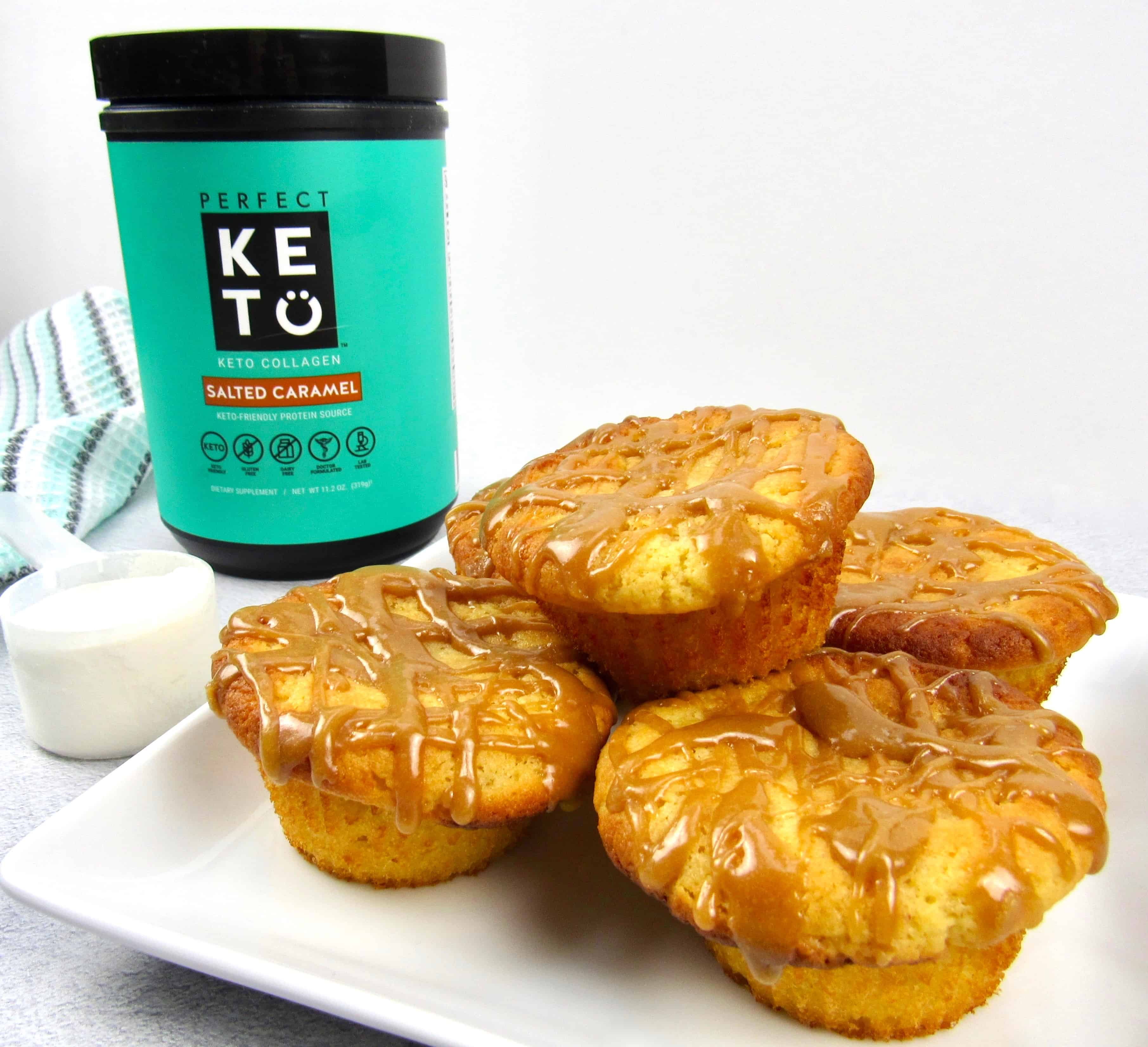 salted caramel muffins with Perfect Keto collagen container