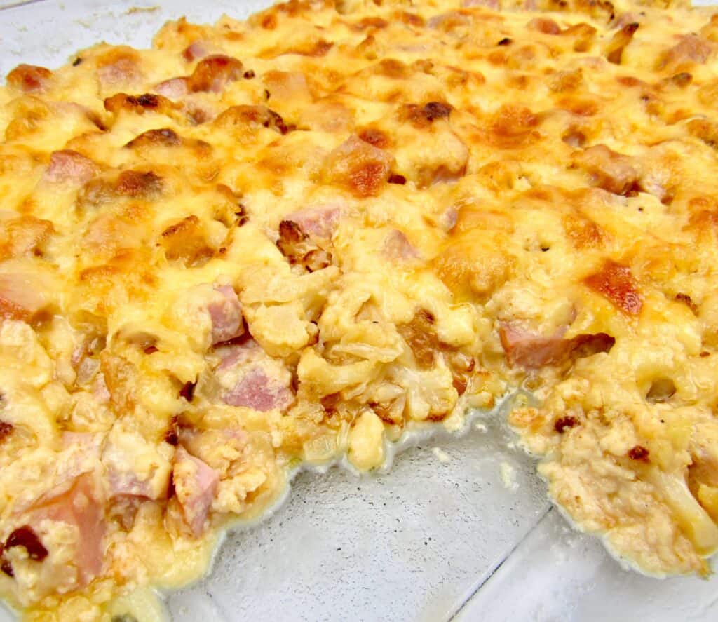 Roasted Cauliflower and Ham Casserole with slice taken out
