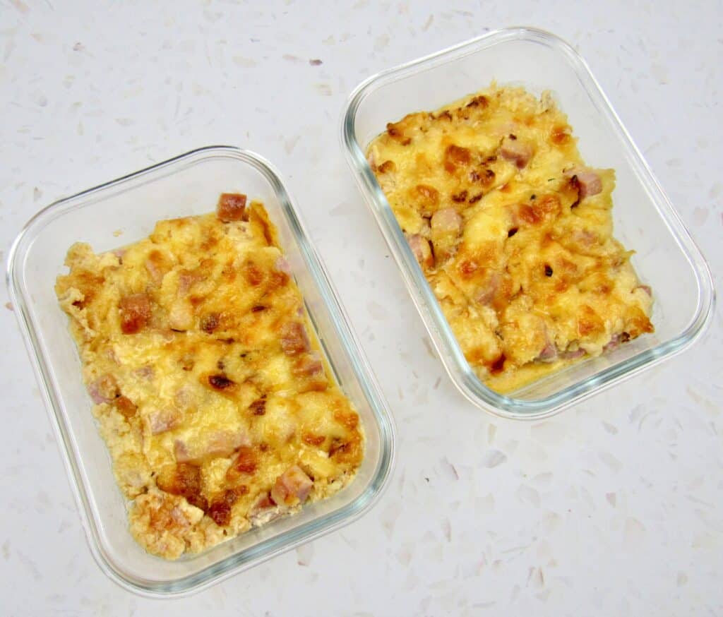 Roasted Cauliflower and Ham Casserole in 2 glass containers