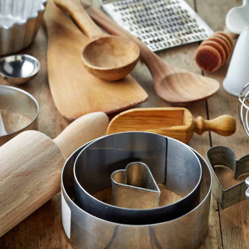 kitchen tools on wooden counter
