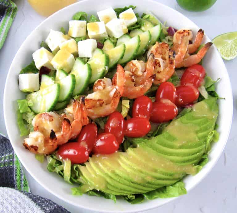 closeup overhead view of Grilled Shrimp Salad with Apricot Vinaigrette