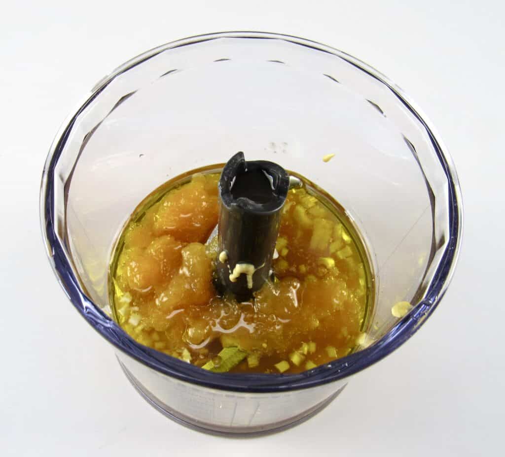 apricot vinaigrette ingredients in food chopper bowl