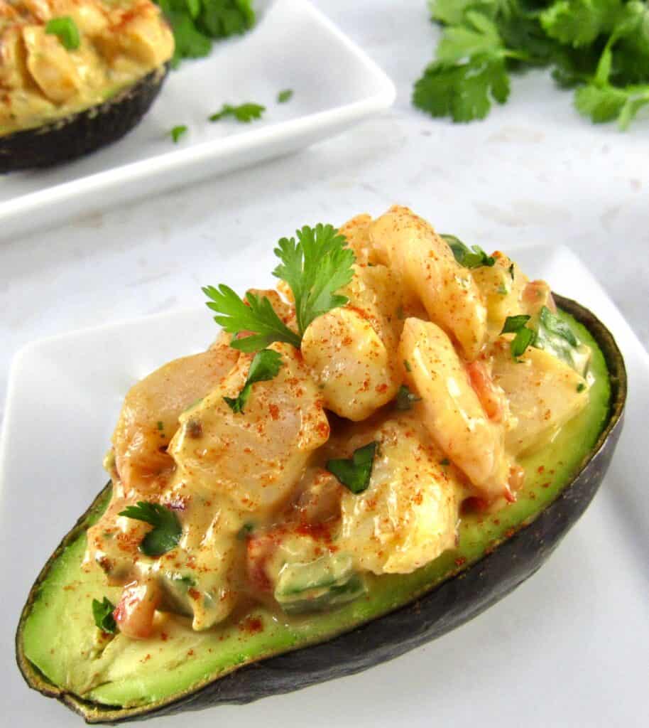 closeup shrimp salad in 1/2 avocado