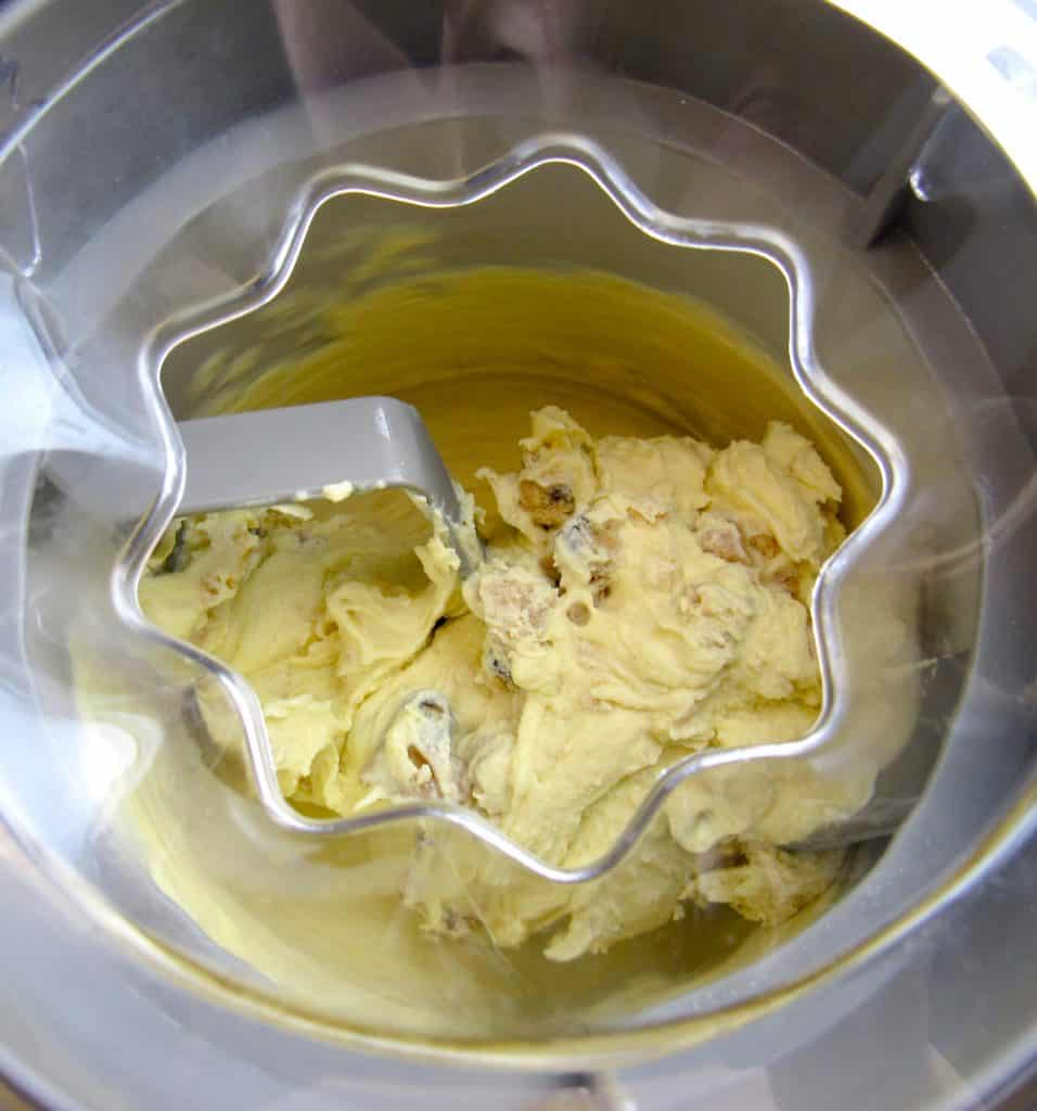 cookie dough ice cream in ice cream maker churning
