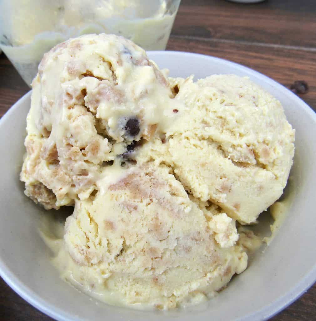 3 scoops of cookie dough ice cream in bowl