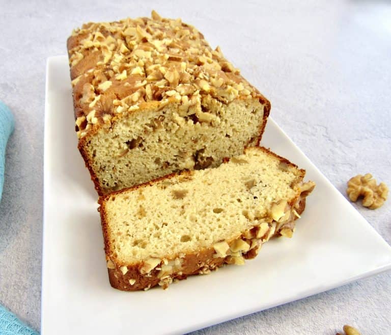 Keto Banana Bread sliced on platter