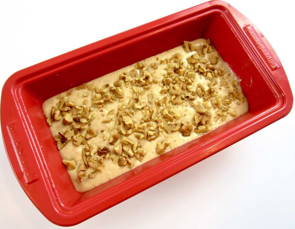 Keto Banana Bread unbaked in red loaf pan