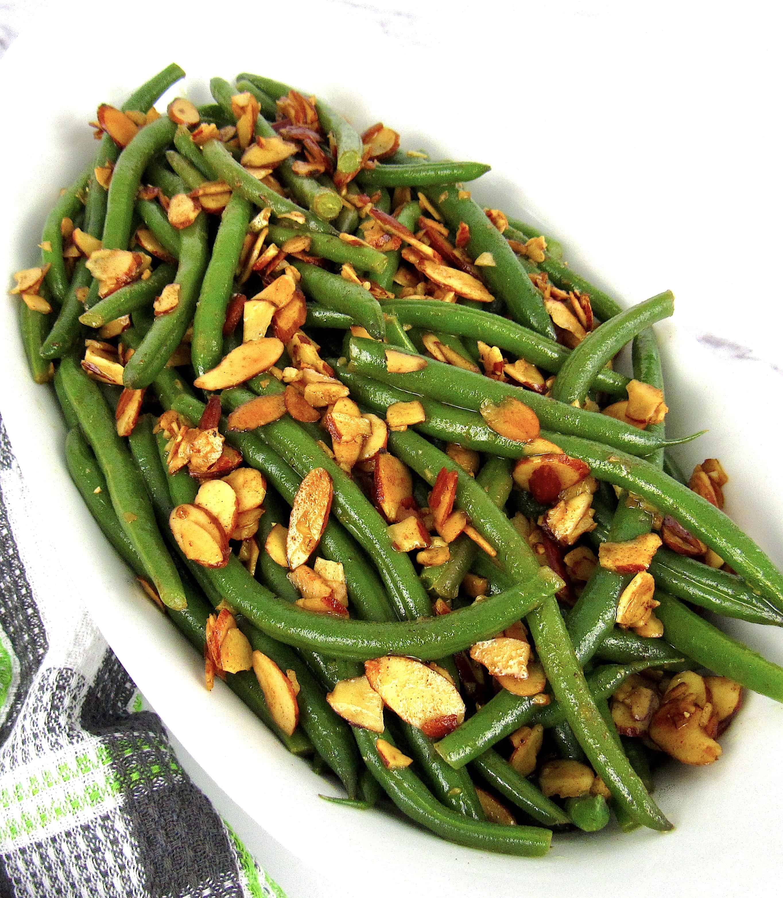overhead view of green beans with almonds