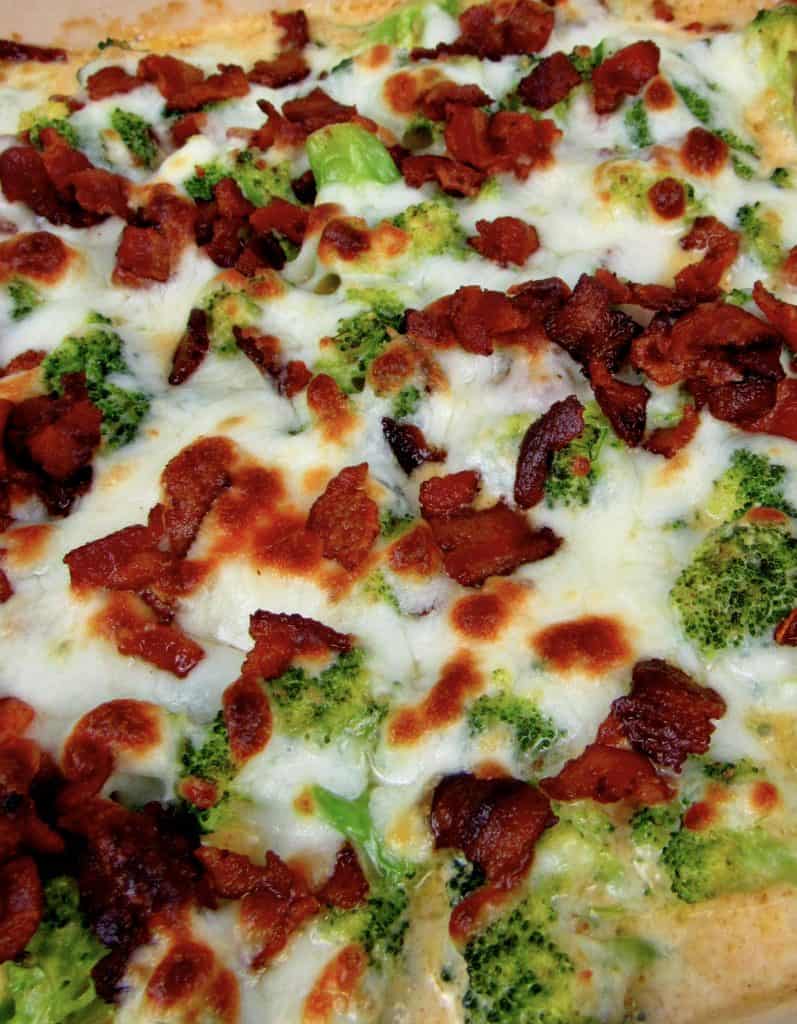 closeup overhead view of broccoli bacon casserole