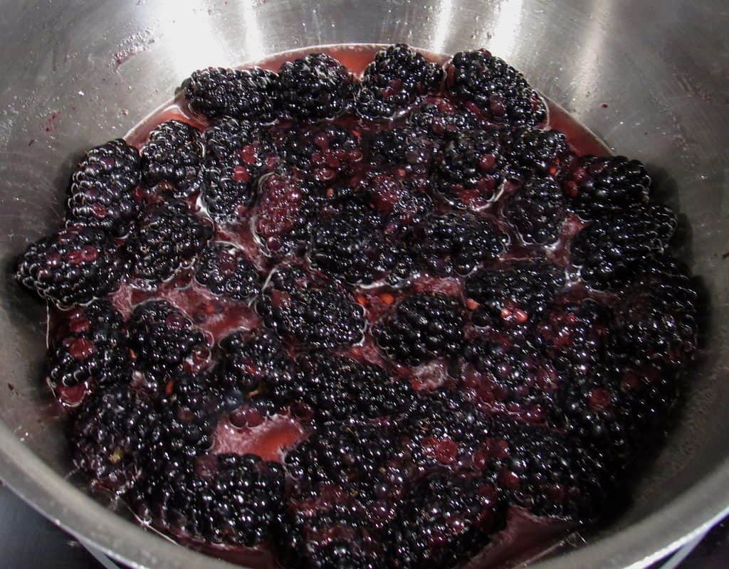 blackberries in pan with juice