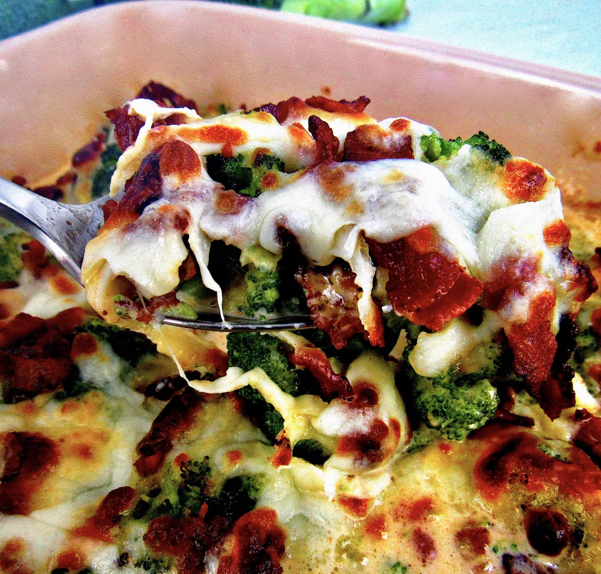 closeup of Broccoli Bacon Alfredo being held up with spoon