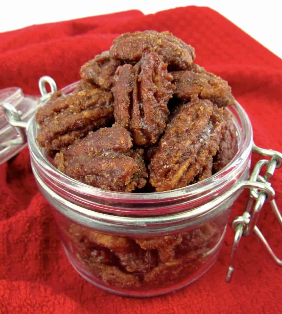 candied pecans in glass jar