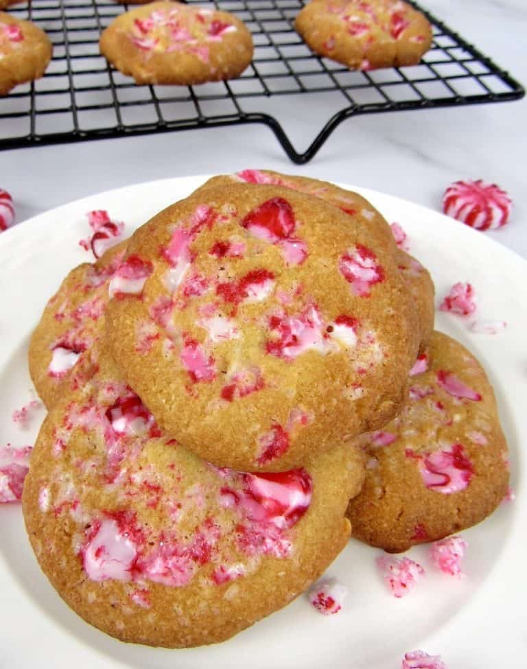white chocolate peppermint cookies stacked up on plate