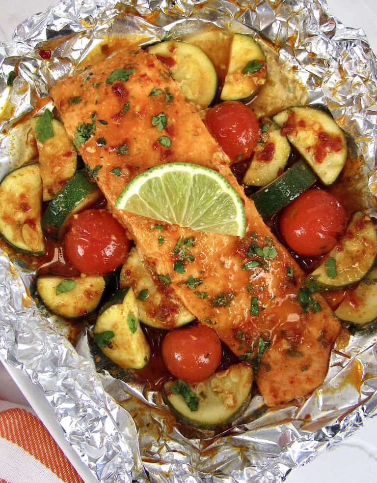 salmon and veggies in foil
