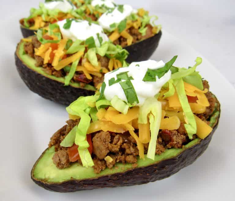 closeup of Taco Stuffed Avocados on white plate