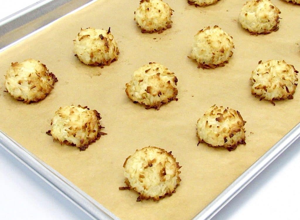  coconut macaroons on baking sheet baked