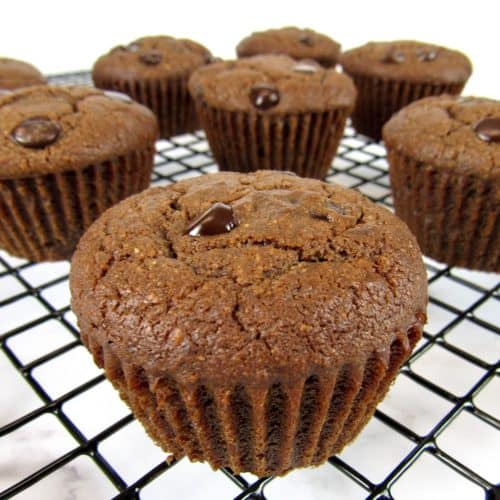 chocolate chocolate chip muffins on cooling rack