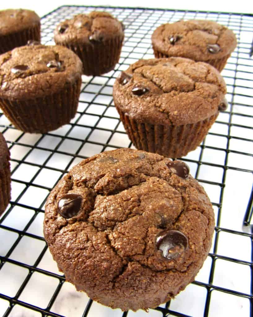 closeup of chocolate muffins on cooling rack