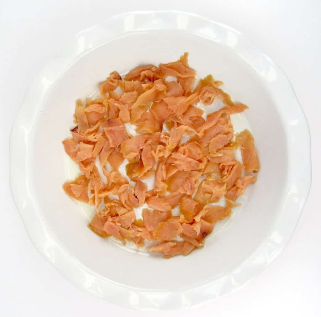 chopped smoked salmon in pie plate