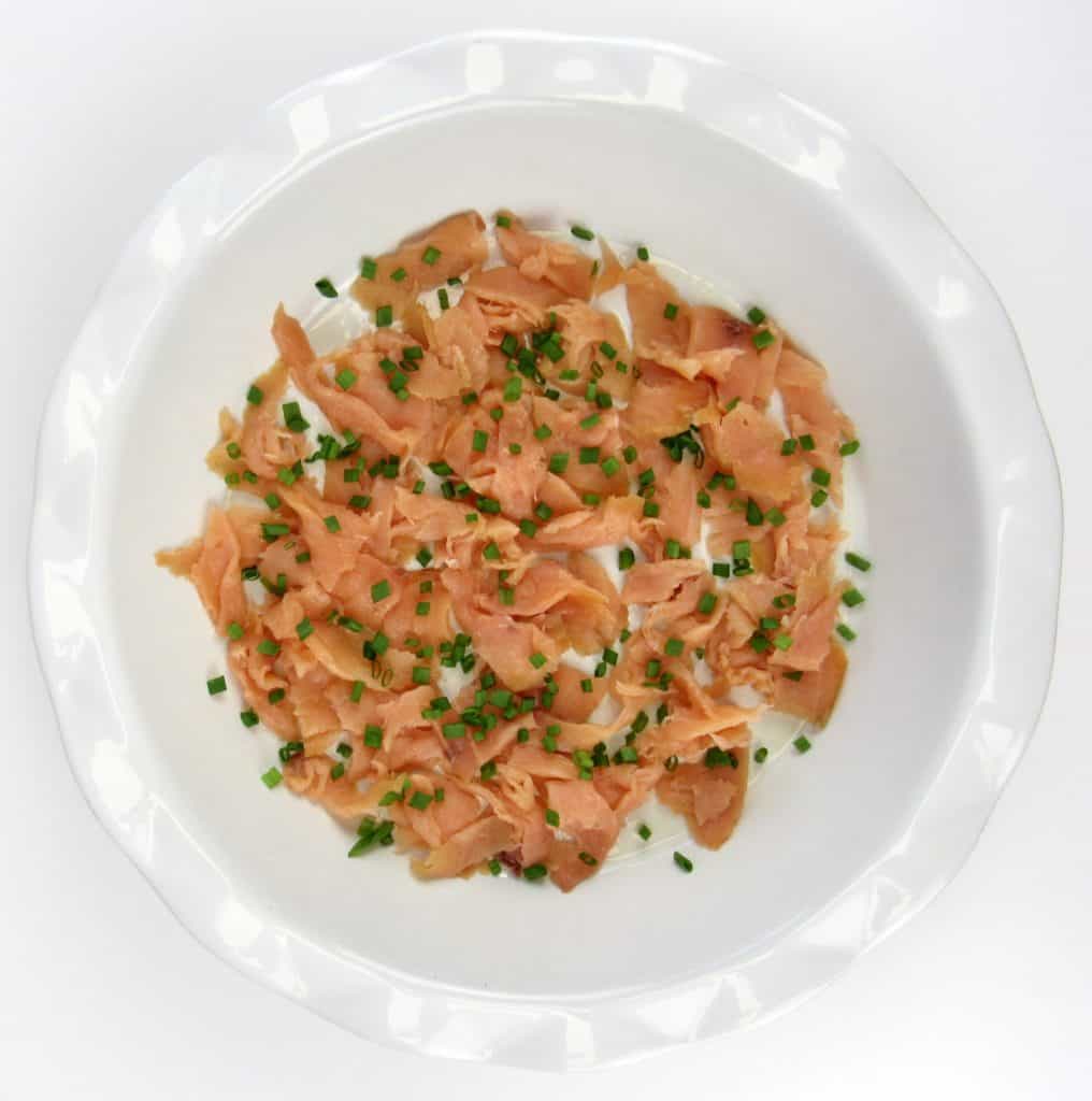 smoked salmon and chives in pie plate