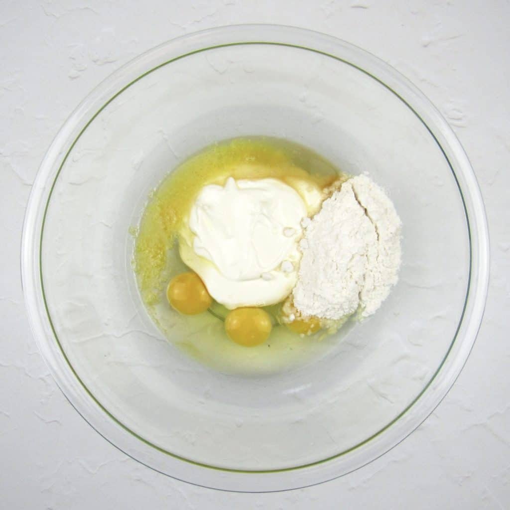 lemon cake wet ingredients in glass bowl