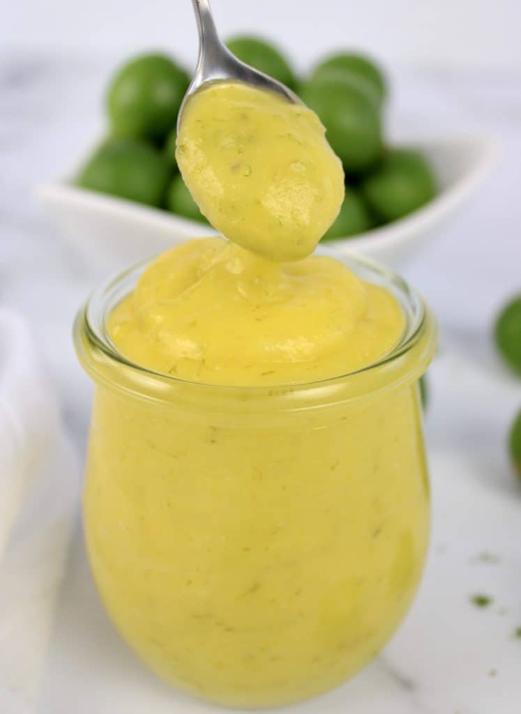 closeup of Keto Key Lime Curd with spoonful