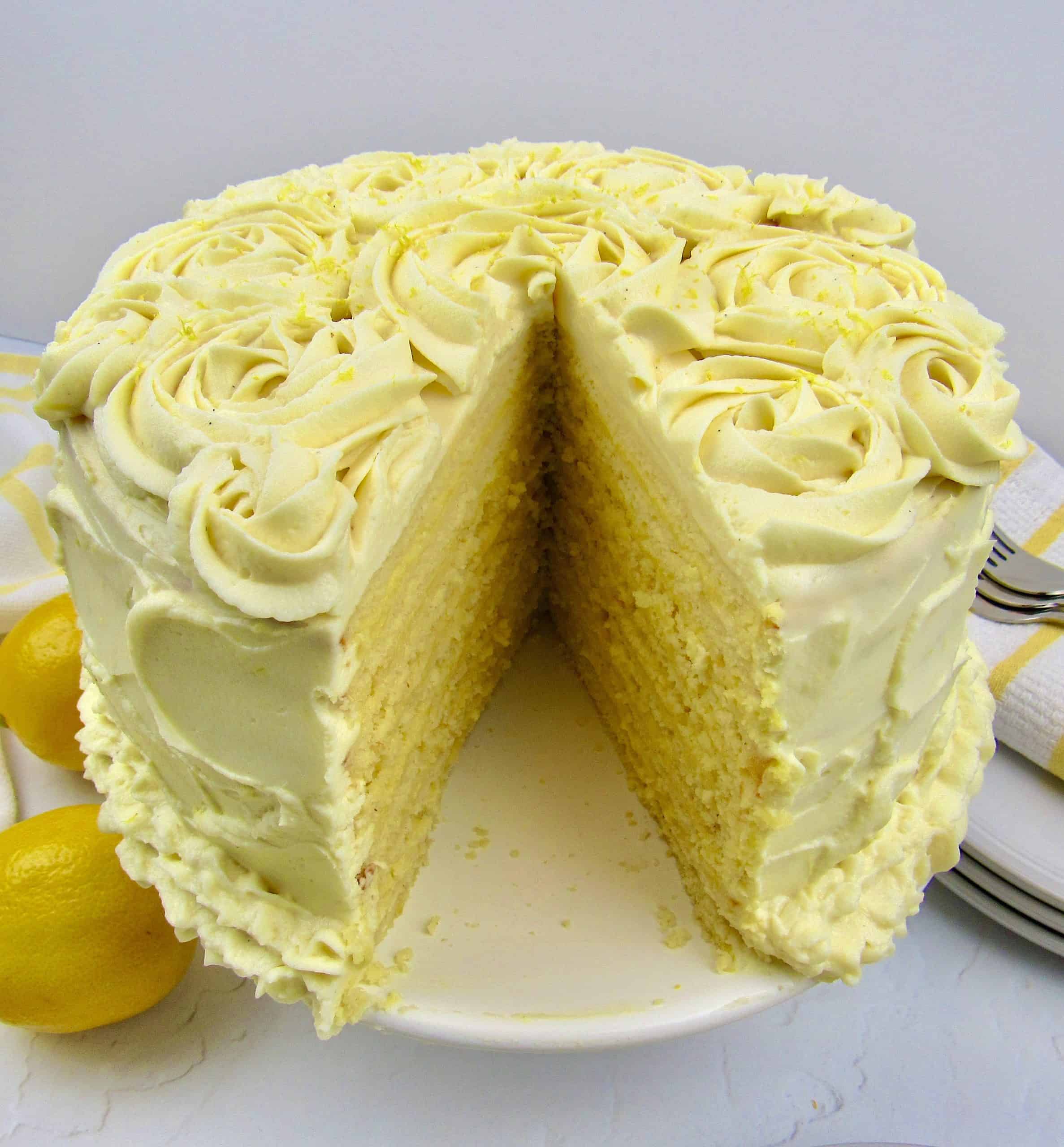 Lemon Curd Layer Cake with slice missing
