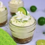 Keto No Bake Key Lime Cheesecake in glass jar with lime on top