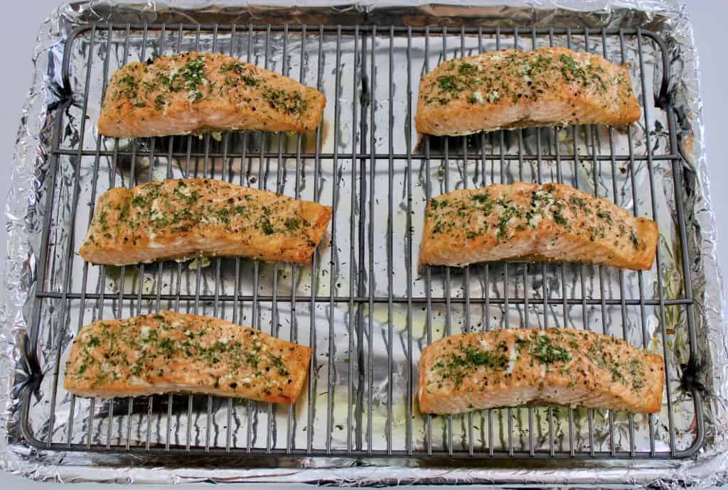 6 pieces of salmon baked on baking rack