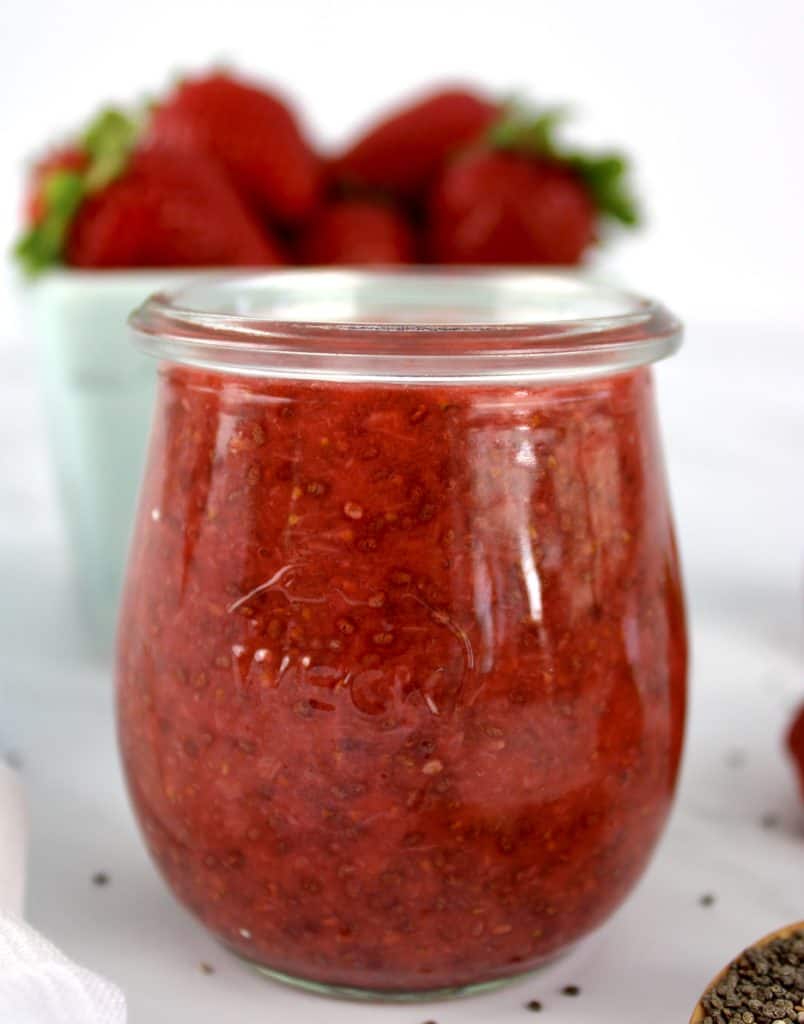 closeup of Keto Strawberry Chia Seed Jam in glass jar