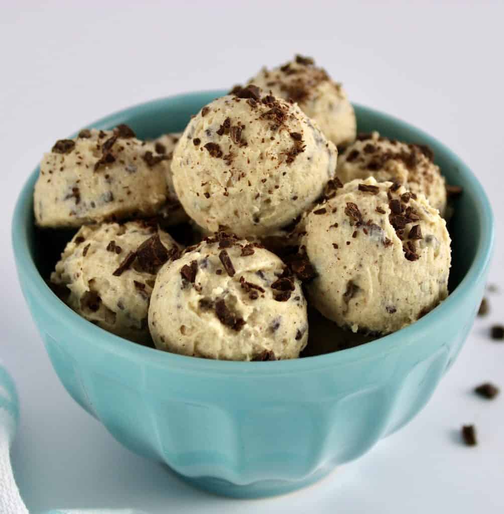 Cookie Dough Keto Fat Bombs in teal bowl