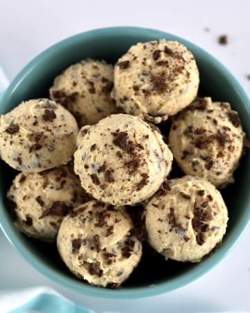 overhead shot of Cookie Dough Keto Fat Bombs in teal bowl