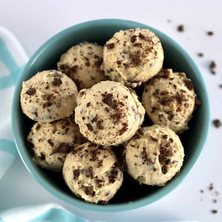 overhead shot of Cookie Dough Keto Fat Bombs in teal bowl