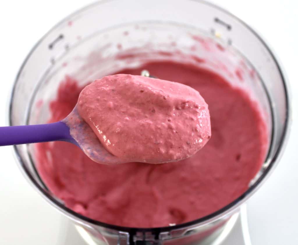 raspberry ice cream blended in food processor bowl with spoonful