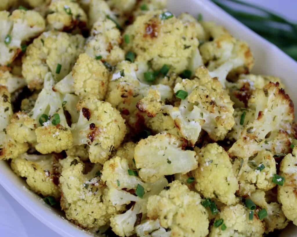 closeup of Ranch Roasted Cauliflower in white bowl
