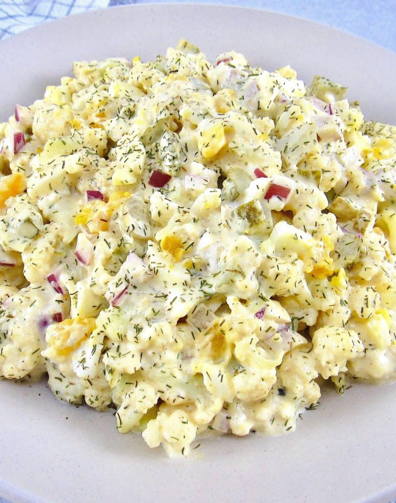 Cauliflower Potato Salad on white plate