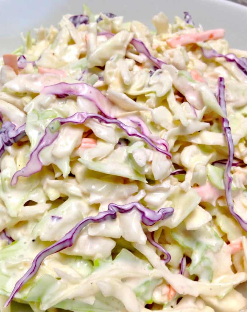 closeup of Keto Cole Slaw in white bowl