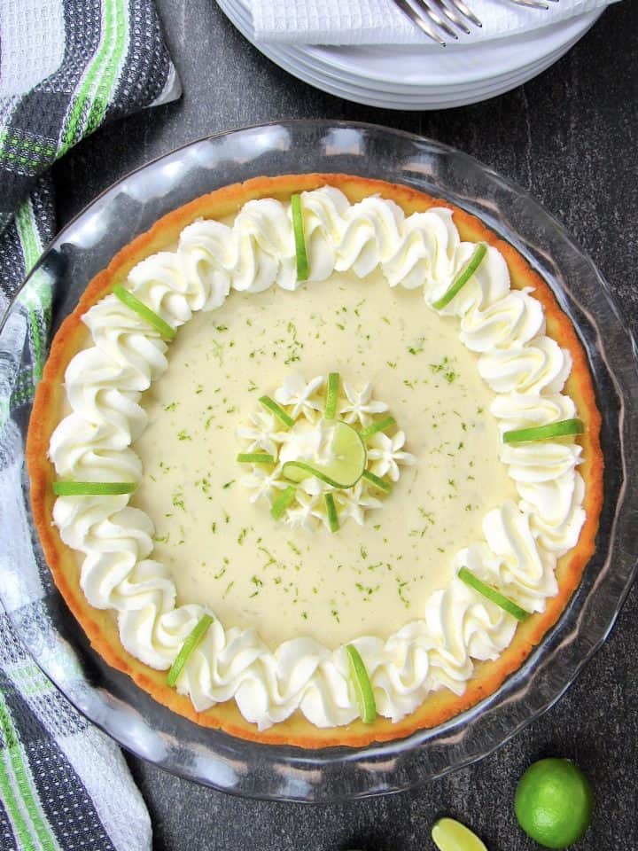 Keto Key Lime Pie in glass pie plate