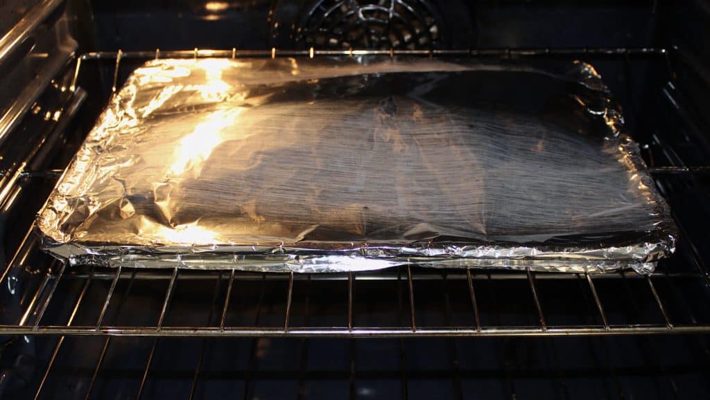 sheet pan covered with foil in the oven