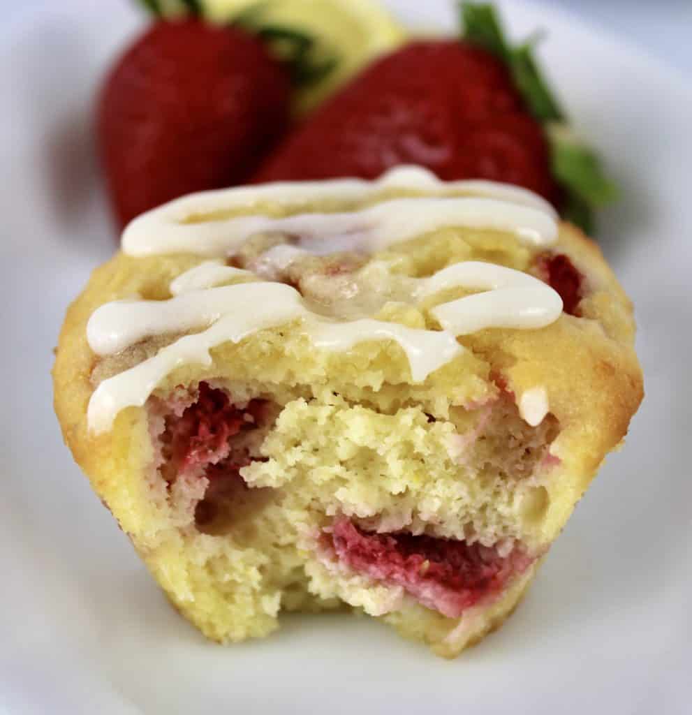 strawberry lemonade muffin with a bite missing
