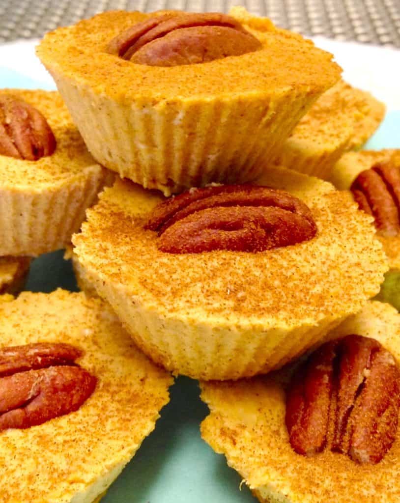 Pumpkin Pie Fat Bombs stacked up on white plate