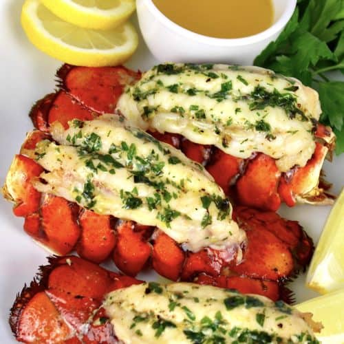 Broiled Lobster on white plate with butter and lemon slices in background