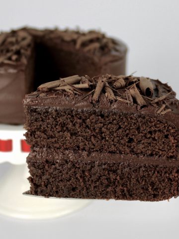 slice of Keto Chocolate Cake being held up with cake in background