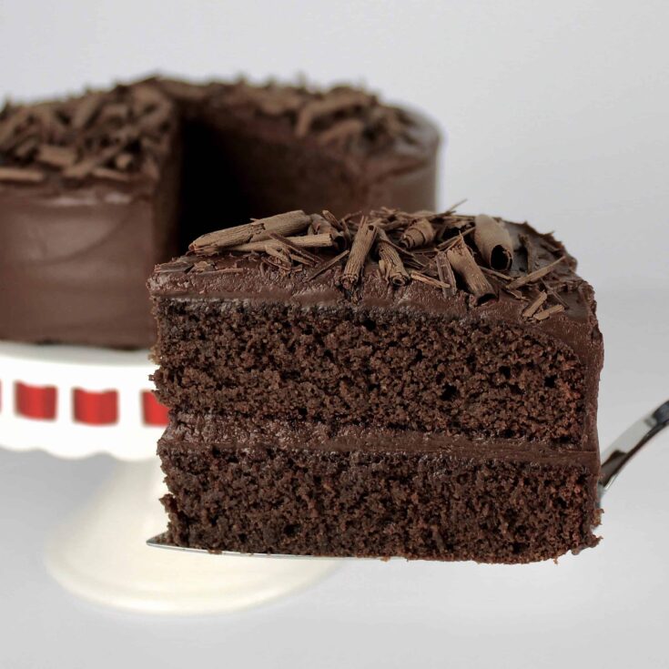 slice of Keto Chocolate Cake being held up with cake in background