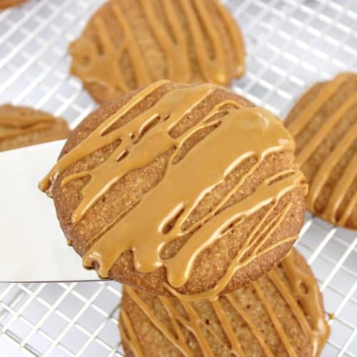 Keto Salted Caramel Cookie being held up by spatula