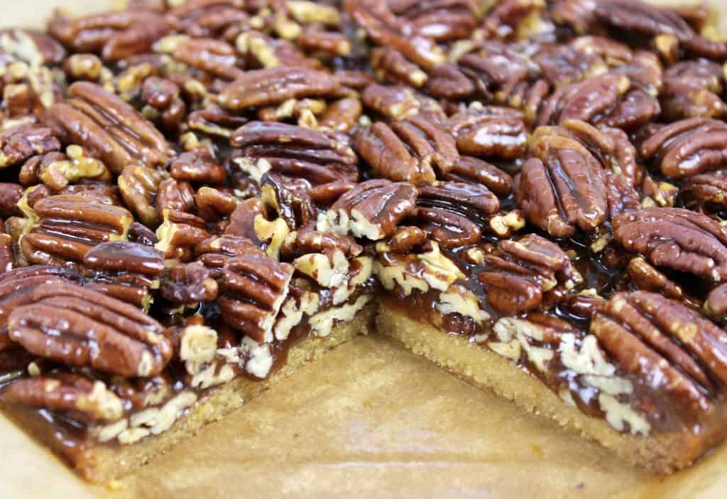 pecan pie bars with one slice missing