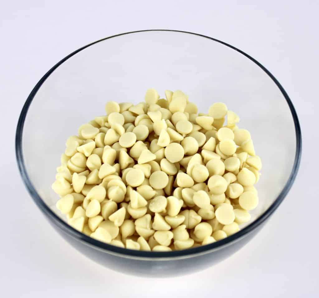 white chocolate chips in glass bowl