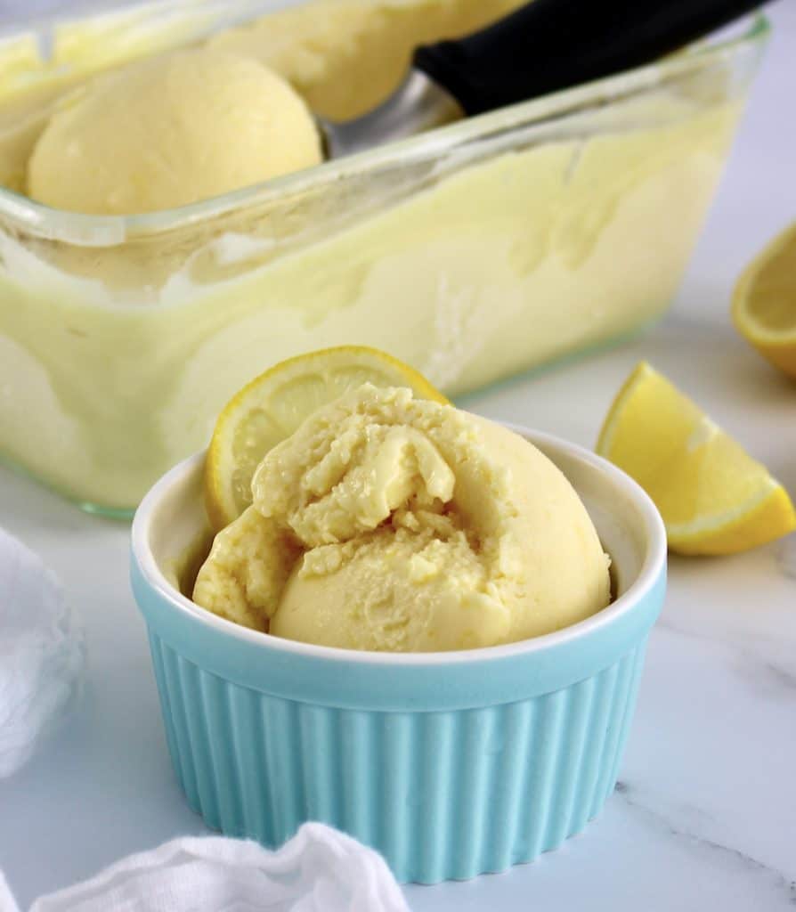 lemon ice cream in blue ramekin