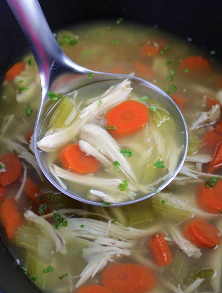 ladle full of chicken soup in slow cooker